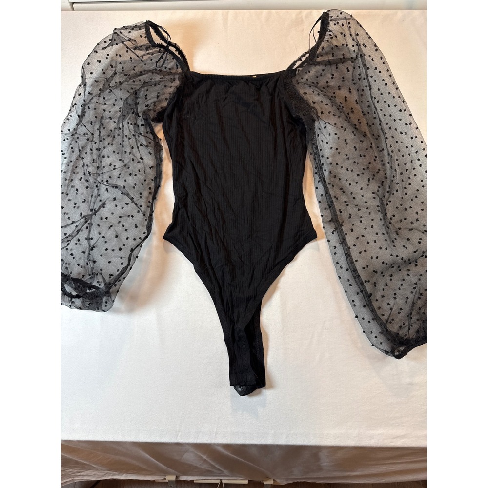 Altar'd State Black Ribbed Bodysuit Sheer Polka Dot Mesh Puff Sleeve Medium